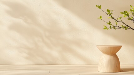 Poster - A serene, minimalist interior featuring a wooden stool and a leafy branch against a soft, neutral wall, Sustainable Living.