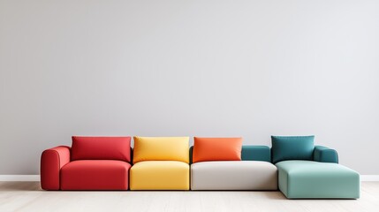 Poster - A modern, colorful sectional sofa with various cushions against a simple, light wall, creating a cozy and stylish interior space, Sustainable Living.