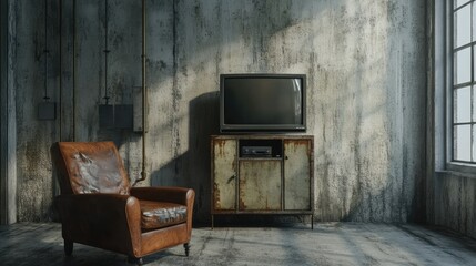Poster - Vintage living room with a worn leather chair, an old television, and rustic decor in a sunlit, textured space