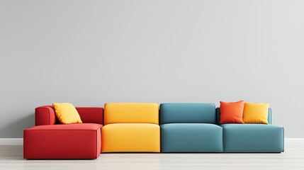 Poster - A modern, colorful sectional sofa with red, yellow, and blue cushions, set against a minimalist light gray wall, Sustainable Living.
