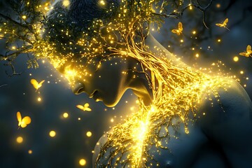 Poster - Magical glowing golden tree with luminous butterflies emerging from branches against dark background, creating ethereal light effects and sparkles.