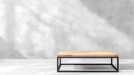 Poster - A modern wooden coffee table with a minimalist design against a textured gray wall, creating a stylish and contemporary interior space, Sustainable Living.
