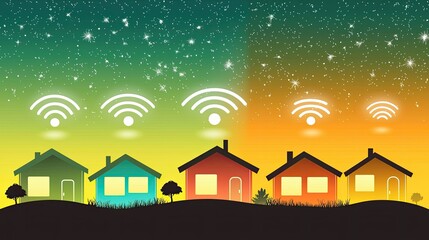 Poster - A futuristic cityscape glowing with smart home icons, symbolizing innovation, connectivity, and security in urban living.