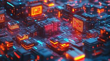 Poster - A futuristic cityscape glowing with smart home icons, symbolizing innovation, connectivity, and security in urban living.