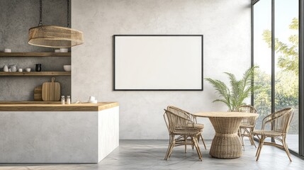 Poster - Modern minimalist kitchen and dining area featuring a blank wall, natural light, and greenery outside