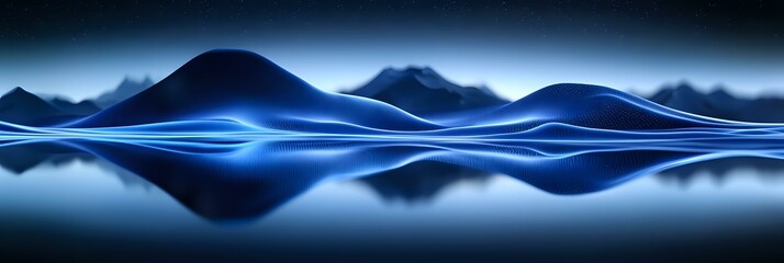 Aufkleber - glowing blue waves create abstract panoramic landscape with mountain silhouettes against dark backgr