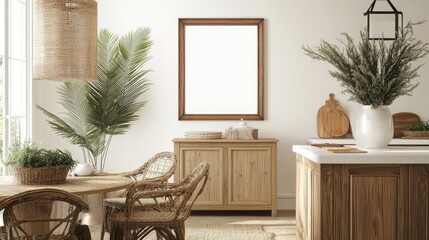 Poster - Cozy modern interior featuring wooden furniture, plants, and a blank frame, creating a serene atmosphere