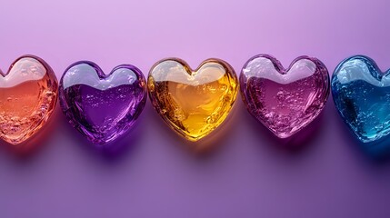 Poster - Colorful glass hearts in row with liquid inside on purple background. Romantic concept with transparent heart-shaped bottles filled with vibrant drinks for valentines.