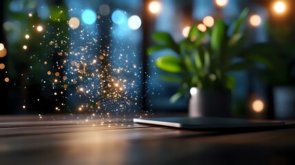 Poster - Magical glowing sparkles emerging from smartphone screen on dark table with bokeh lights and plant in background, creating enchanting atmosphere.