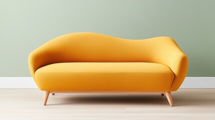 Poster - A modern, curvy yellow sofa against a muted green wall, creating a vibrant and stylish living space, Sustainable Living.