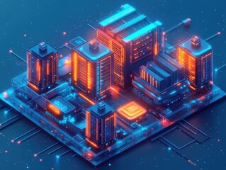 Poster - Futuristic data center visualization digital city 3d isometric art neon environment aerial view