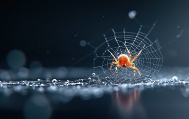 Poster - Close-up view of an orange spider on a web, dark background with bokeh effect, reflective surface, digital art style