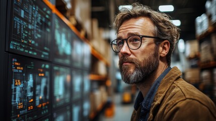 Aufkleber - A professional examines digital displays showcasing logistics data in a warehouse environment, emphasizing efficient inventory management and sustainable operations.