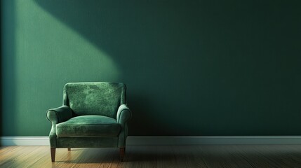 Poster - Cozy green armchair positioned against a textured dark green wall, illuminated by soft natural light from a window