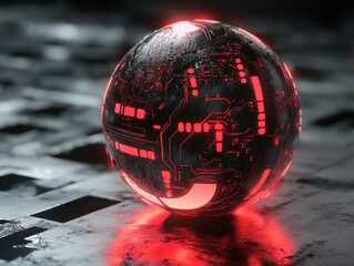 Poster - High-tech sphere pulsing energy circuits futuristic lab 3d render digital environment close-up view