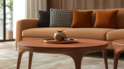 Poster - Cozy living room featuring a wooden coffee table with decorative items, surrounded by a stylish sofa and cushions