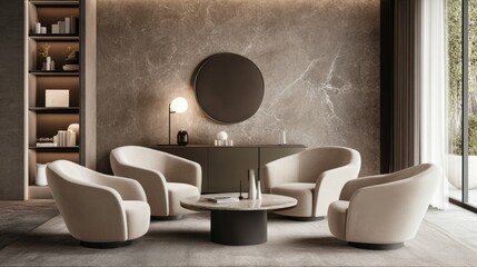 Poster - Modern living room featuring stylish armchairs and a round coffee table against a textured wall backdrop