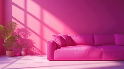 Poster - A vibrant pink sofa against a matching wall, illuminated by soft sunlight casting shadows, creating a cozy atmosphere
