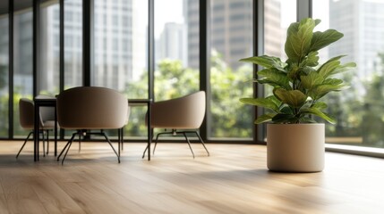 Poster - Modern minimalist office design featu light wood floo, small dining area, large potted plant, and stunning cityscape views through