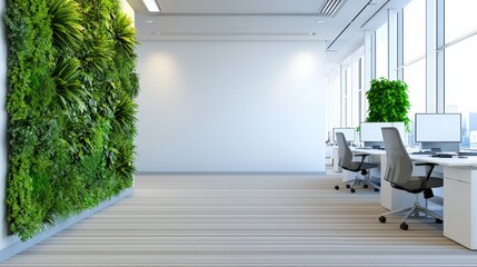Poster - A modern office interior featuring a living green wall, large windows, and sleek workstations, promoting a vibrant and eco-friendly workspace, Sustainable Living, Sustainable Living.