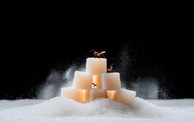 Poster - White sugar cubes arranged in a pyramid shape on a bed of granulated sugar against a black background. Tiny figures are visible on top of the sugar cubes, and sugar particles appear to be in motion
