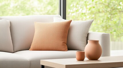 Poster - A modern living room scene featuring a light sofa, decorative pillows, and minimalist ceramic vases, bathed in natural light from large windows, Sustainable Living, Sustainable Living.