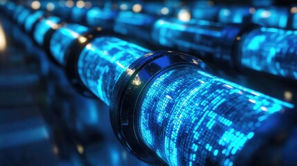 Poster - Futuristic blue glowing data tubes arranged in a high-tech lab, showcasing digital information processing