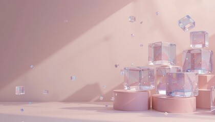 Poster - Dynamic floating ice cubes modern studio 3d render minimalist design soft lighting abstract aesthetics