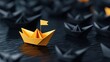 © future7 - A vibrant yellow origami boat stands out amidst a sea of black origami boats, symbolizing uniqueness and creativity in a minimalist setting.