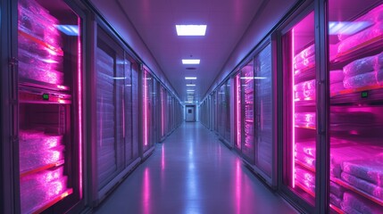 Poster - Long corridor of a refrigeration warehouse showcasing individual storage units with bright pink lighting, effectively managing perishable inventory in a climate controlled environment.