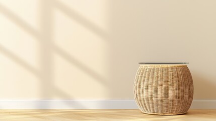 Poster - A cozy, minimalist interior featuring a woven basket table against a light-colored wall, creating a serene atmosphere with soft shadows, Sustainable Living, Sustainable Living.