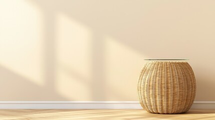 Poster - A minimalist interior featuring a round woven basket table against a light wall, illuminated by soft sunlight, Sustainable Living, Sustainable Living.