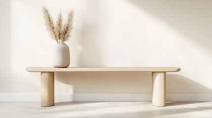 Poster - A minimalist wooden bench with a round vase holding pampas grass, set against a light-colored wall, creating a serene and stylish interior space, Sustainable Living, Sustainable Living.
