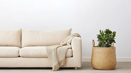 Poster - A cozy living room scene featuring a beige sofa, a soft blanket, and a decorative plant in a woven basket, Sustainable Living, Sustainable Living.