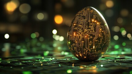 Poster - A futuristic golden egg with intricate circuitry stands on a glowing surface amidst a blurred, colorful background