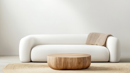 Poster - A minimalist living room featuring a white, modern sofa and a round wooden coffee table on a woven rug, Sustainable Living, Sustainable Living.