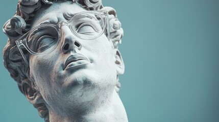 Poster - A renowned classical sculpture displays a thoughtful expression while sporting stylish eyewear. Set against a serene backdrop, this blend of old and new invites curiosity and deep reflection