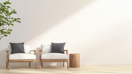 Poster -  A minimalist living room featuring a white sofa flanked by large green plants in woven pots against a neutral wall, Sustainable Living, Sustainable Living