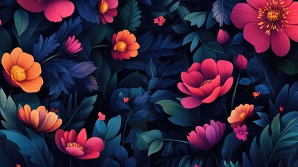 Poster - Vibrant floral pattern with various colorful flowers against a dark background, ideal for design and decoration
