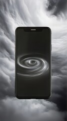Poster - Mobile phone displays a swirling vortex of light against a backdrop of dramatic, textured clouds.
