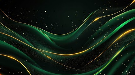 Poster - Abstract green and gold wave patterns with shimmering particles creating a dynamic background for design use
