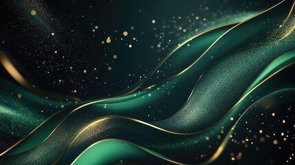 Poster - Elegant abstract waves of teal and gold shimmer with sparkling particles in a dark background, creating a luxurious feel