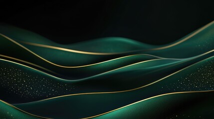 Poster - Elegant flowing green and gold abstract waves creating a serene atmosphere against a dark background