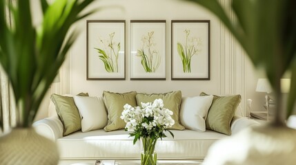 Poster - Elegant living room with green accents, floral art, and soft cushions, creating a serene atmosphere
