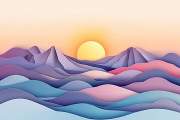 Fototapete - Stunning paper art landscape of layered mountains with rolling hills and a rising sun in soft pastel gradients and smooth 3D cut effect Generative AI