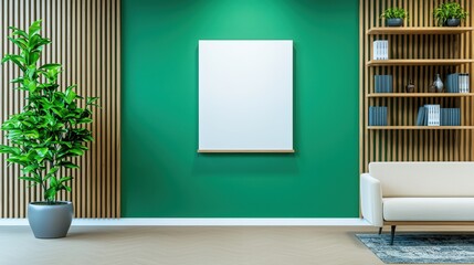 Poster - Modern interior design featuring a green wall, a blank canvas, a potted plant, and stylish shelving, creating a fresh and inviting atmosphere, Sustainable Living, Sustainable Living.