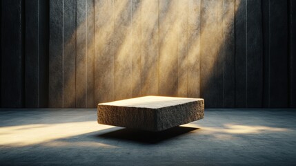Aufkleber - A light-grey stone block platform floating above a concrete floor illuminated by warm light streaming through s in a dark wooden wall design