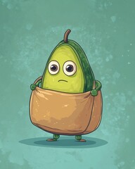 Poster - Humorous cartoon avocado joyfully navigating grocery shopping with oversized bag in a playful pastel environment Generative AI