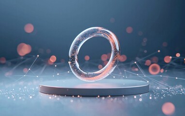 Fototapete - Abstract 3D rendering of a glowing ring on a white platform, surrounded by bokeh lights and network connections.  The scene is set against a dark blue background