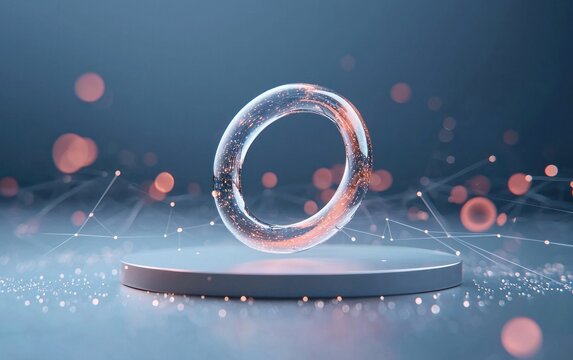 Abstract 3D rendering of a glowing ring on a white platform, surrounded by bokeh lights and network connections.  The scene is set against a dark blue background